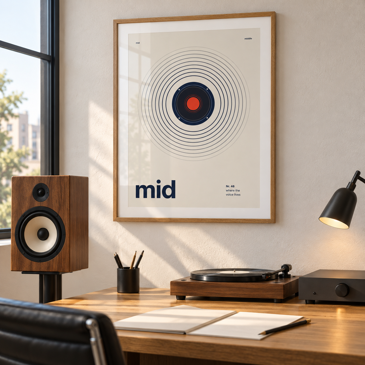 Navy speaker driver on cream print above a home music desk