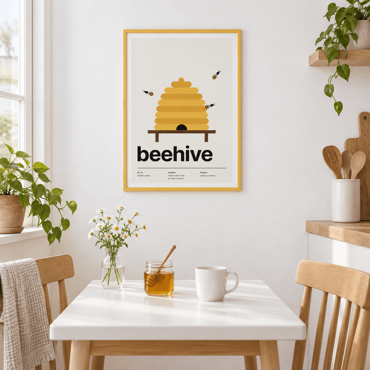 Golden straw skep on a stand above a breakfast table in a bright kitchen