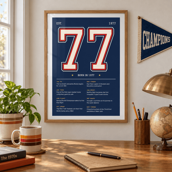 Navy varsity print of 1977 on a wall in a lived in room