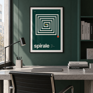 Geometric square spiral print above a desk in a home office