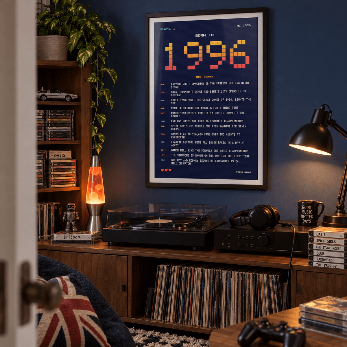 Eight bit 1996 high score print on a wall in a lived in room