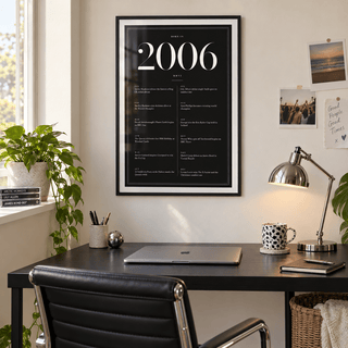 Black and ivory 2006 birth year print on a wall in a lived in room