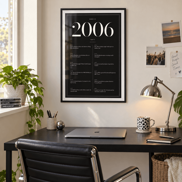 Black and ivory 2006 birth year print on a wall in a lived in room