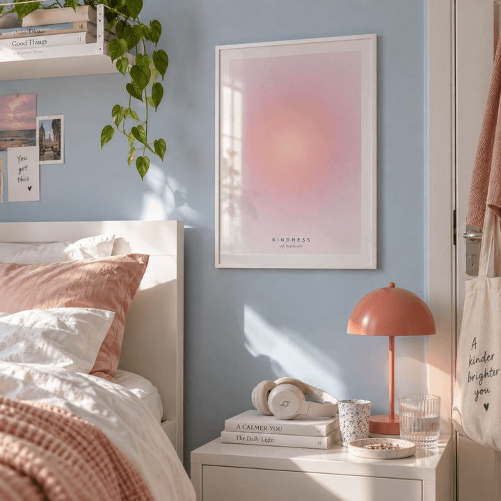 Soft peach and pink halo print in a bedroom against a powder blue wall