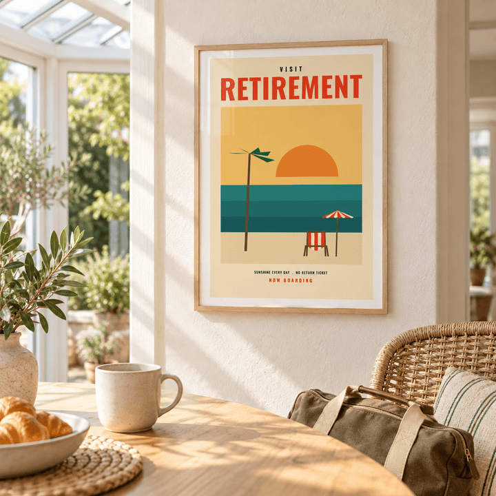 Beach sunset retirement print in a bright conservatory looking onto the garden