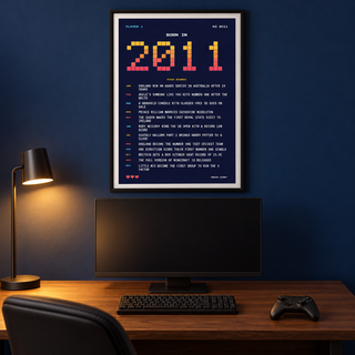 Eight bit 2011 high score print on a wall in a lived in room