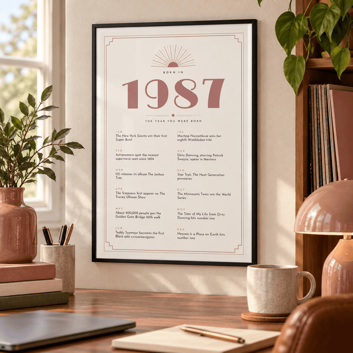 Cream and dusty rose Deco print of 1987 on a wall in a lived in room