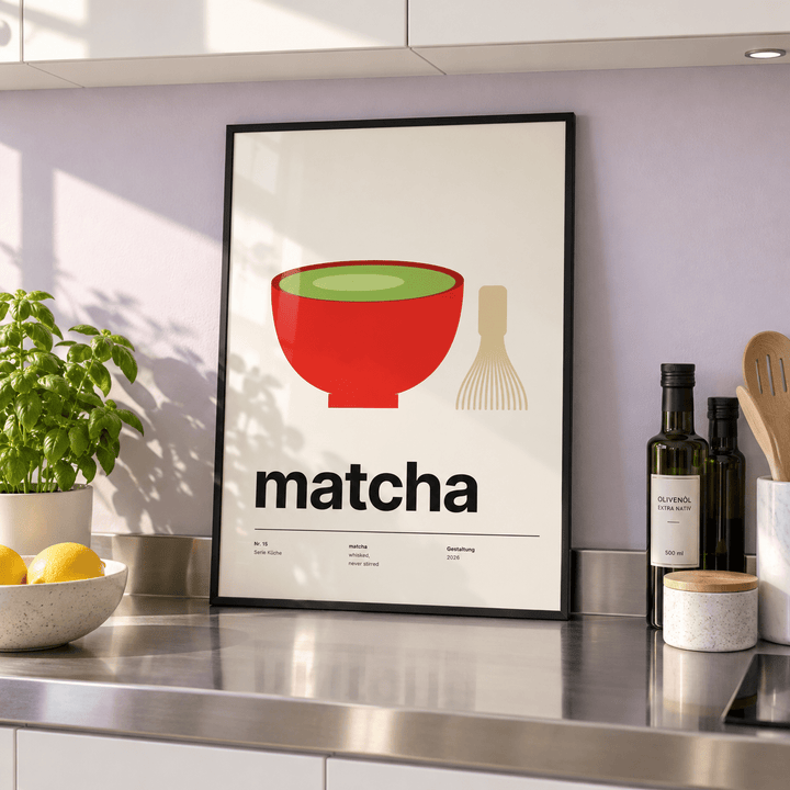 Matcha bowl and bamboo whisk print in a kitchen counter against a lilac wall