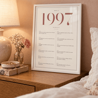 Cream and dusty rose 1997 birth year print on a wall in a lived in room