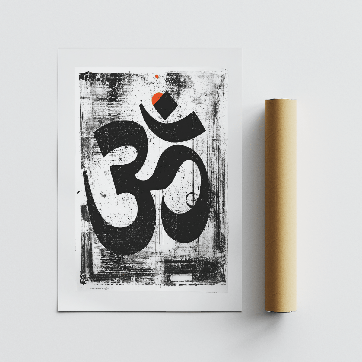 Abstract Om Art Print with large black symbol and a small orange detail beside a packaging tube
