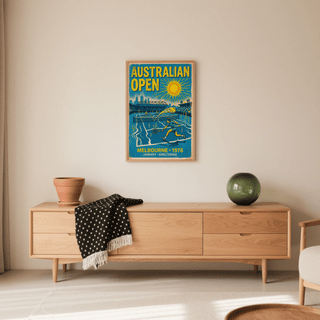 Melbourne Tennis wall art of a tennis player serving with bright yellow sun above on a cream wall above a wooden chest