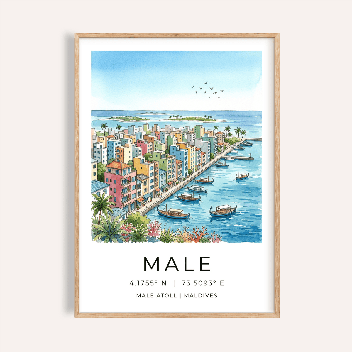 Framed Maldives City Art Print depicting colourful coastal buildings and boats in watercolour style