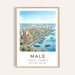 Framed Maldives City Art Print depicting colourful coastal buildings and boats in watercolour style