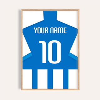 Football Shirt Poster in Blue and White Stripes with Striped Sleeves