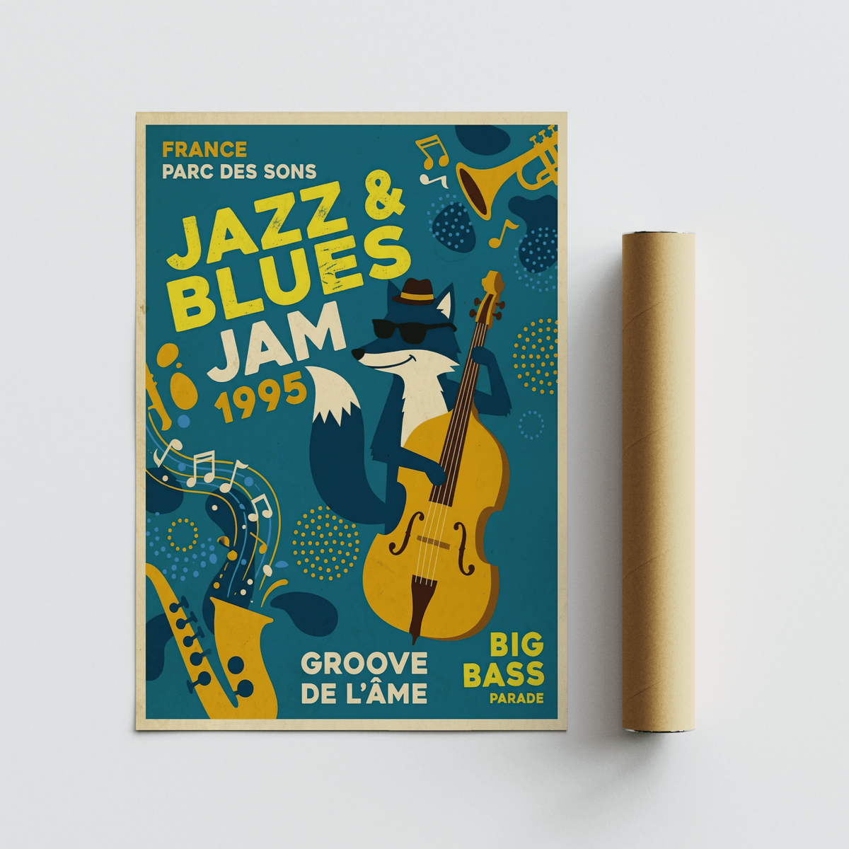 Blues Concert Print of a fox playing double bass with retro style in yellow and blue alongside a rolled cardboard tube