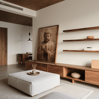 Print leaning on wooden cabinet showing praying hands buddha statue in warm earthy tones living room
