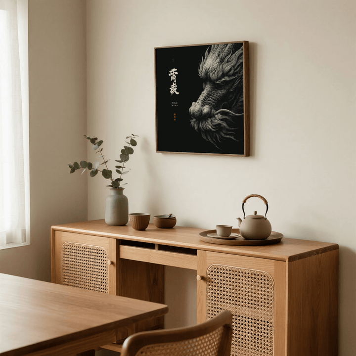 Dragon wall art with Japanese-ink style dragon head above a wooden sideboard with tea set