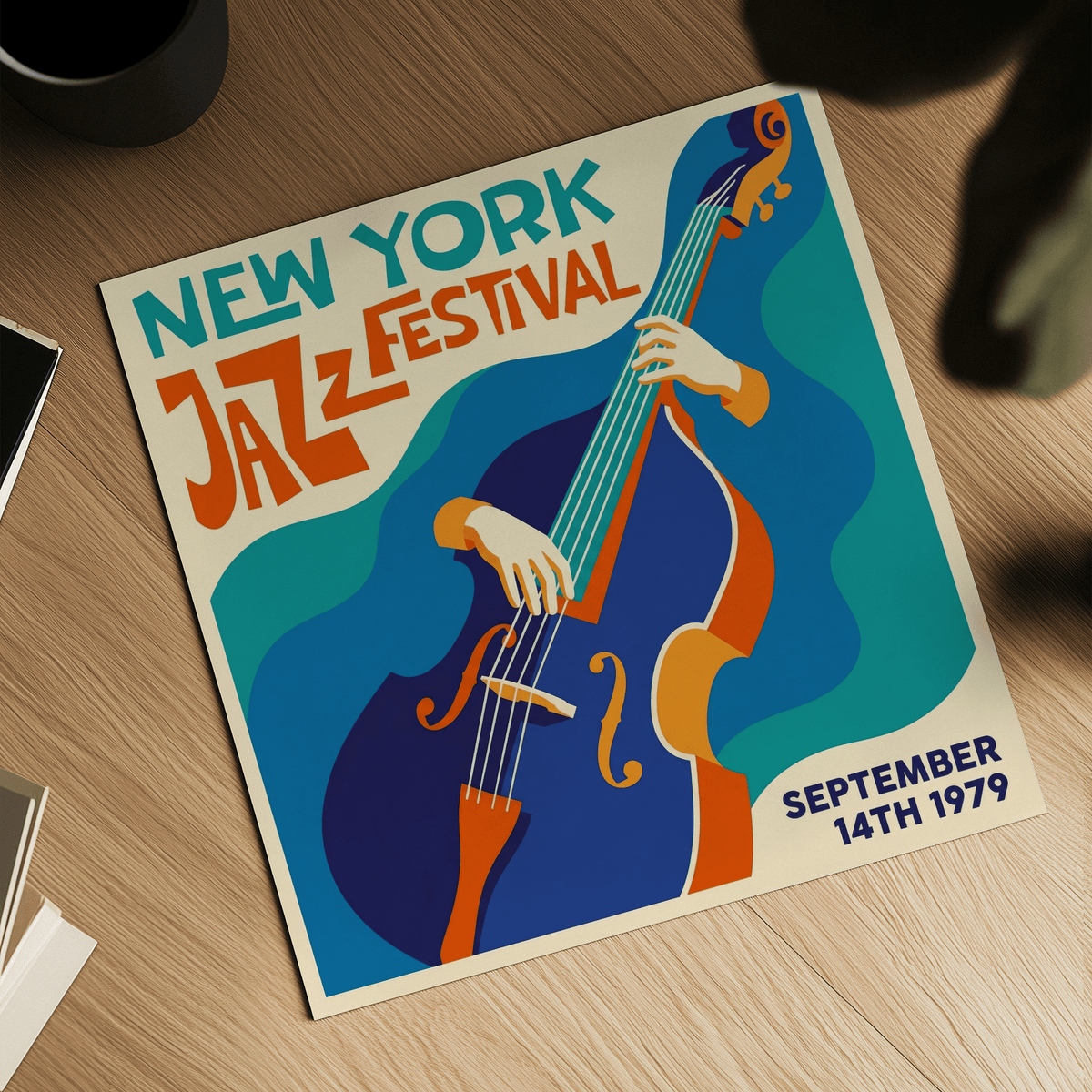 New York Jazz Festival Art Print close-up of double bass and hands in retro style on a wooden surface with a mug nearby