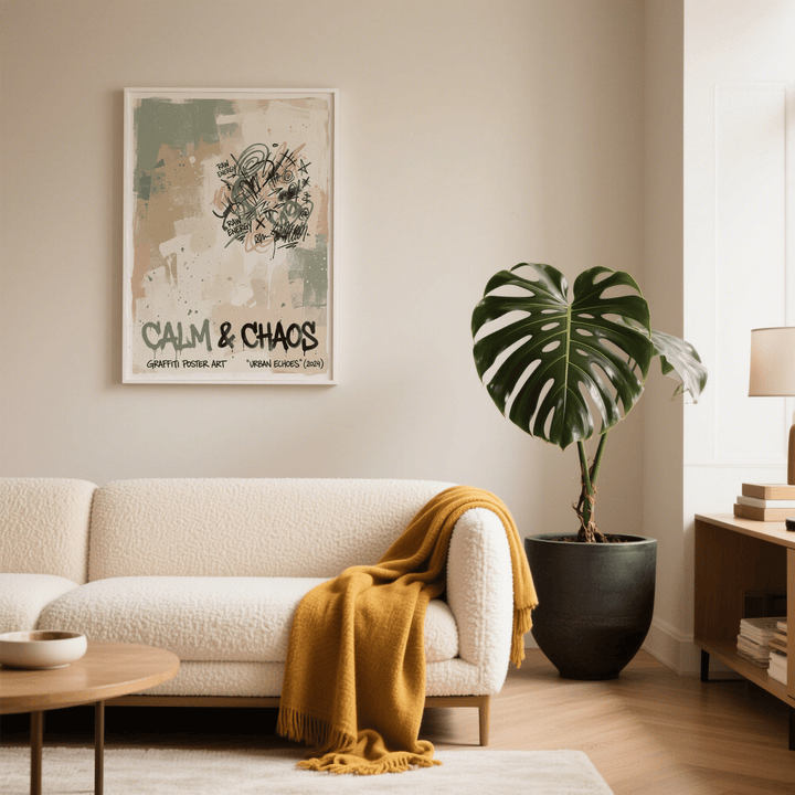 Urban graffiti art print with muted green and beige tones above a sofa and large plant