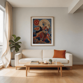 Indian Warrior wall art of woman riding lion in rich reds and blues above cream sofa in living room