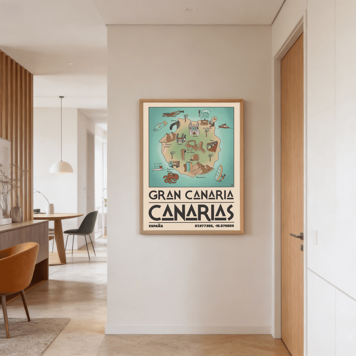 Gran Canaria Art Print framed wall art with typographic map of Gran Canaria in muted colours in a hallway