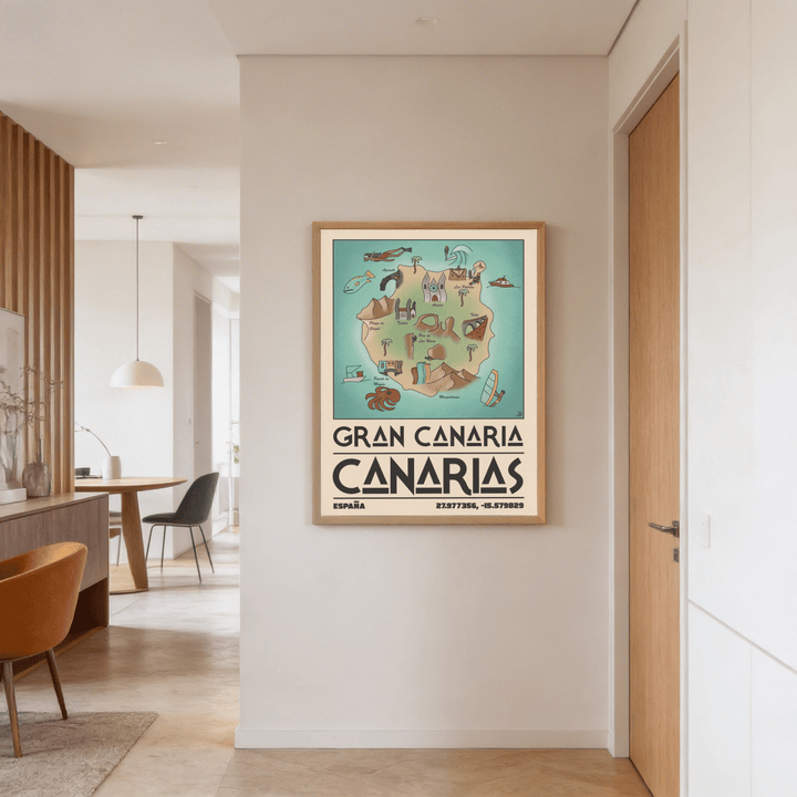 Gran Canaria Art Print framed wall art with typographic map of Gran Canaria in muted colours in a hallway