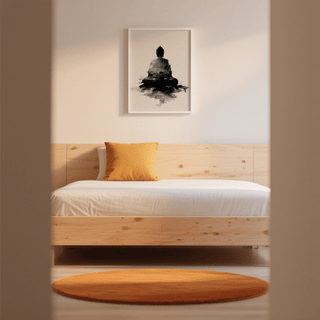 Spiritual Poster meditating Buddha silhouette in black and grey watercolour above a wooden bed with orange cushion and rug