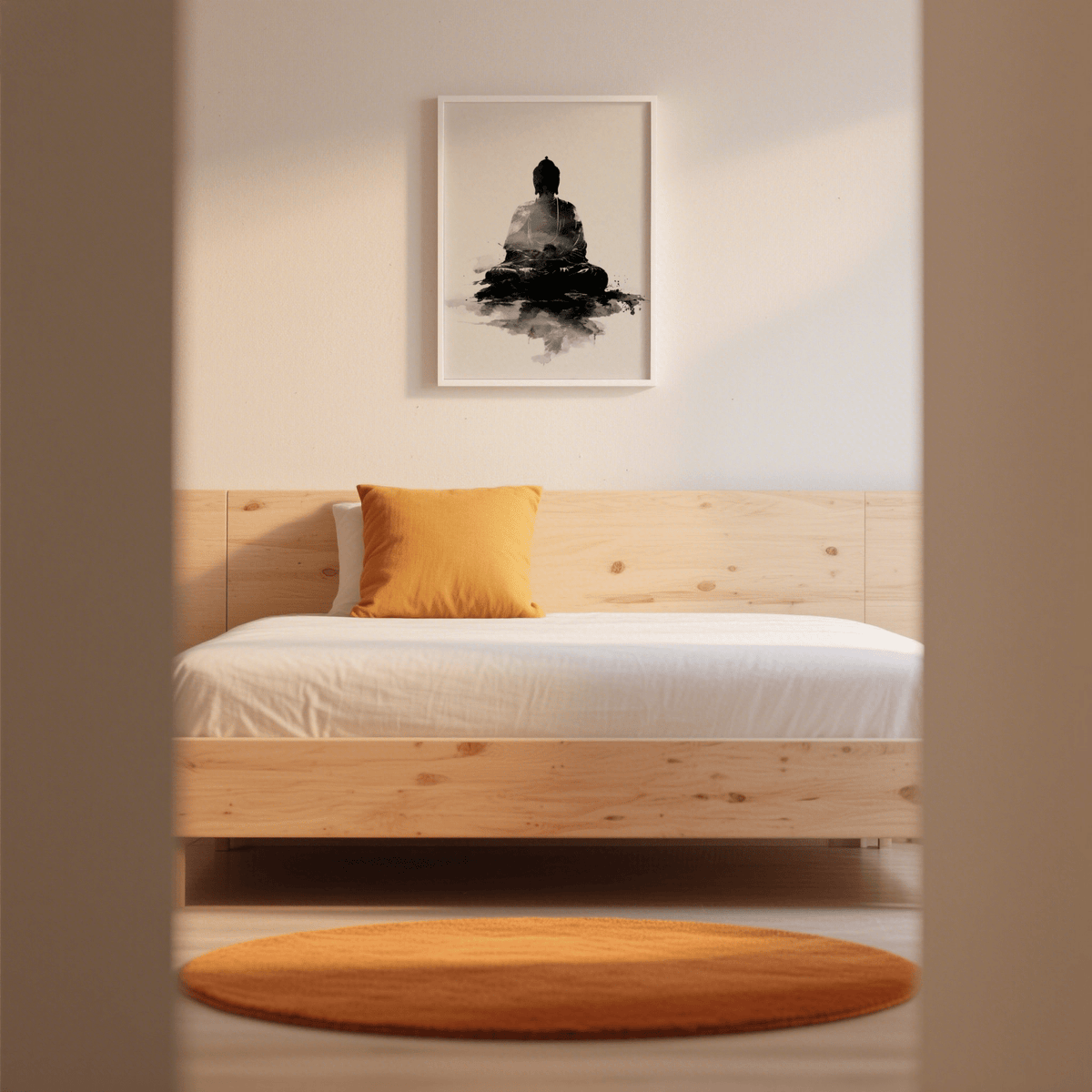 Spiritual Poster meditating Buddha silhouette in black and grey watercolour above a wooden bed with orange cushion and rug