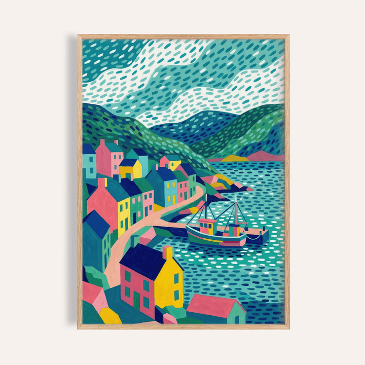 Framed Colorful Coastal Art Print with boats and colourful houses in a vibrant style