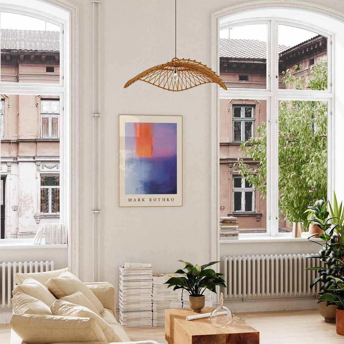 Rothko art print with orange, purple and blue blocks in a bright living room with plants