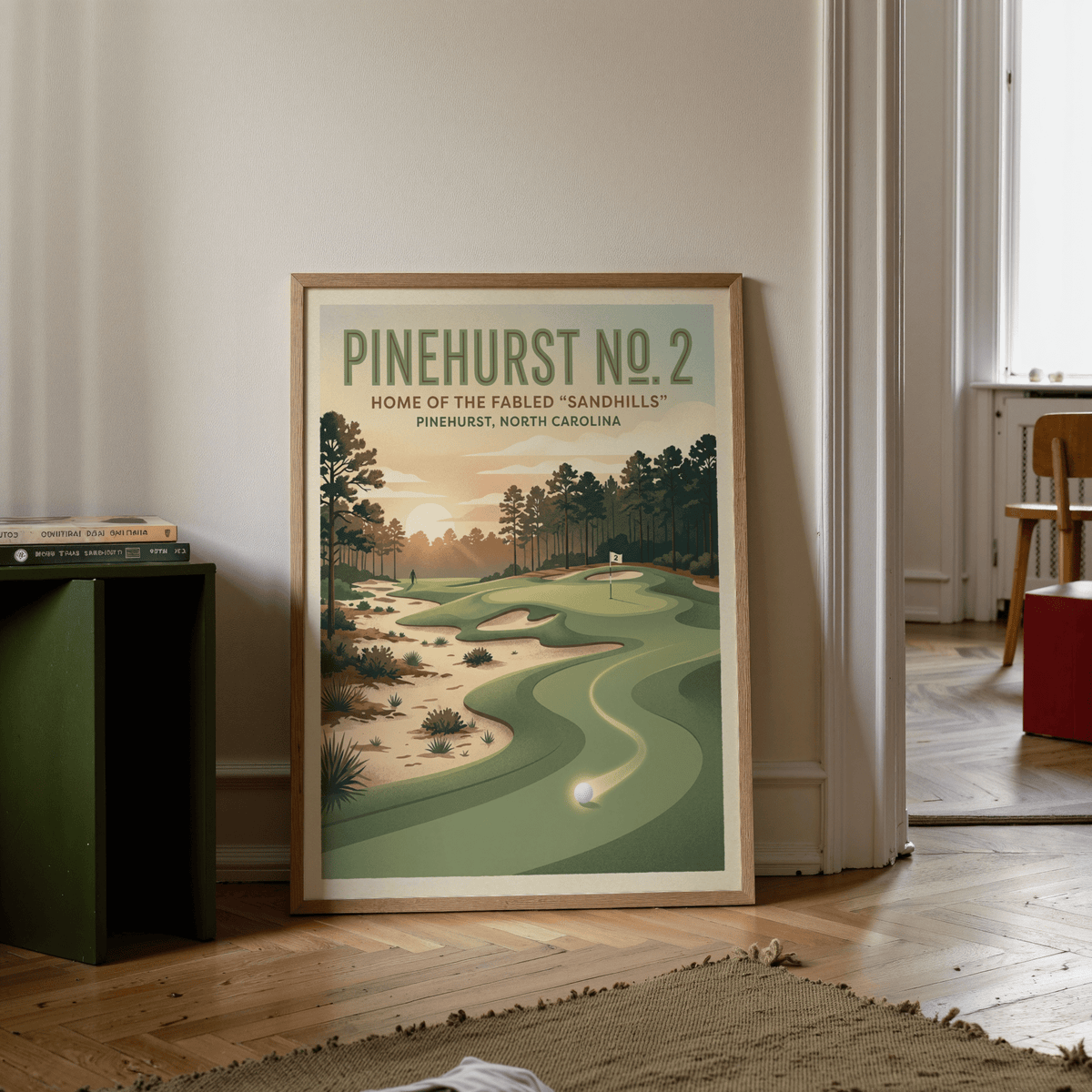 Displaying Carolina Golf Course Art Print with flag marked 2, sandhills terrain, and layered pines in the distance