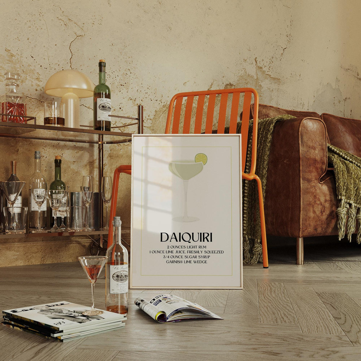 Print leaning on a floor with daiquiri cocktail illustration and typographic recipe near drinks trolley