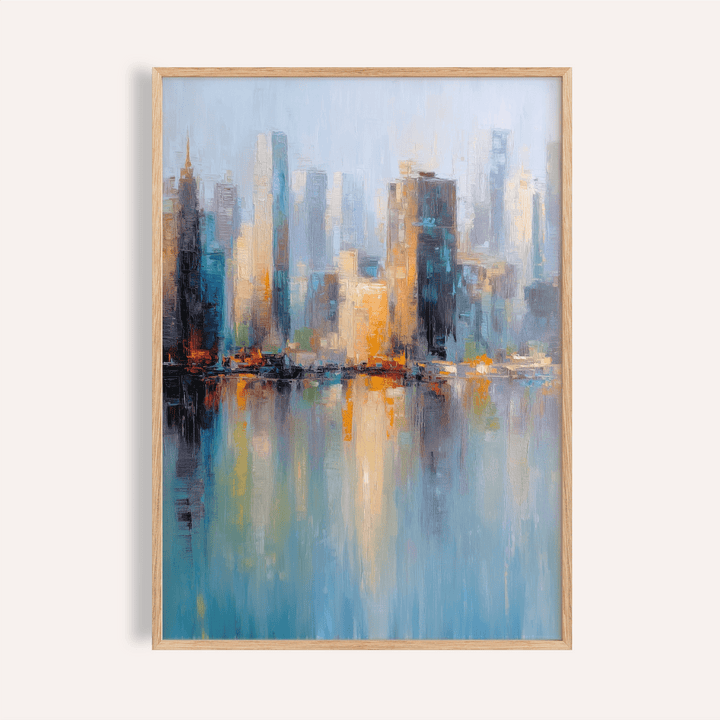 Framed City skyline art print showing an abstract watercolour cityscape with blue and orange tones