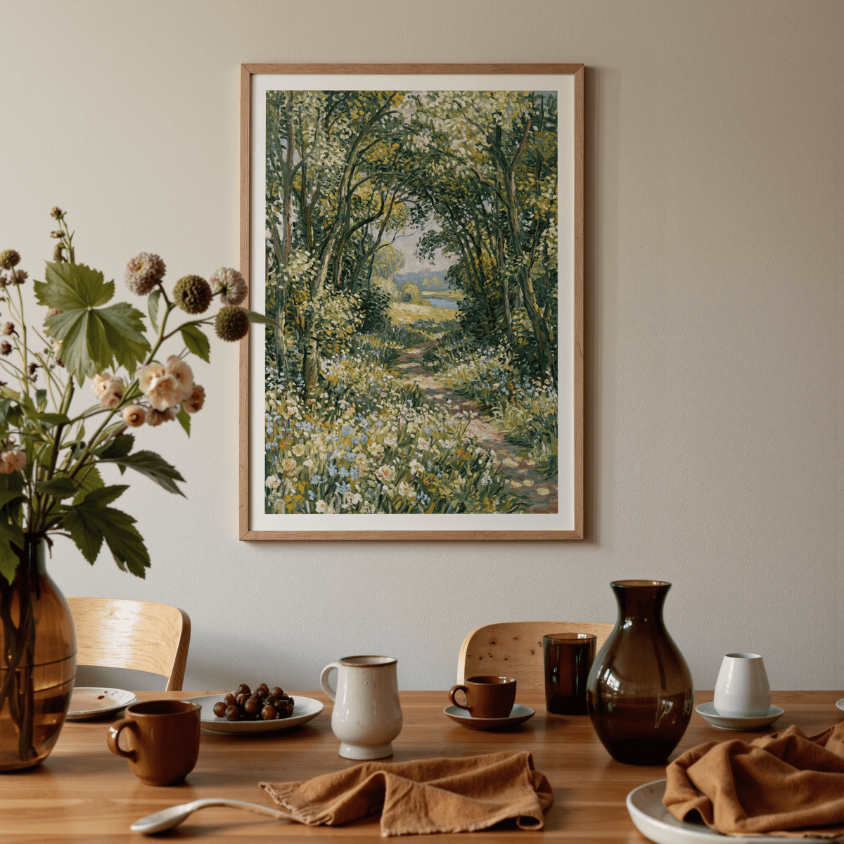 Impressionist Art Print framed print of a woodland path in green and yellow hues above a table with cups and vases