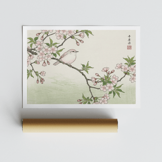 Bird Cherry Blossom Art Print showing a small bird on a pink blossom branch with a green wash background with packaging tube