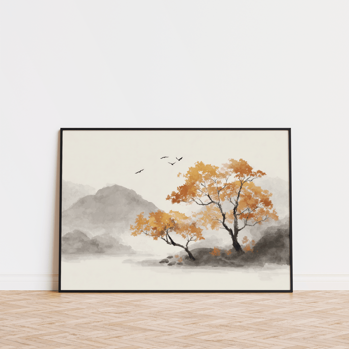 Autumn Tree Art Print framed close-up of trees with orange leaves against grey hills