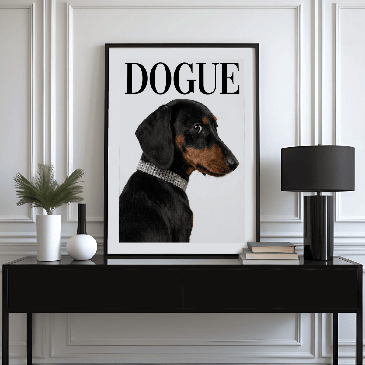 Dachshund Art Print of a black and tan dachshund with a collar on a console table with a black lamp
