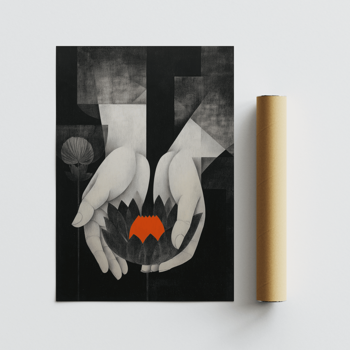 Padma wall art with hands holding a black and red lotus flower alongside a cardboard tube