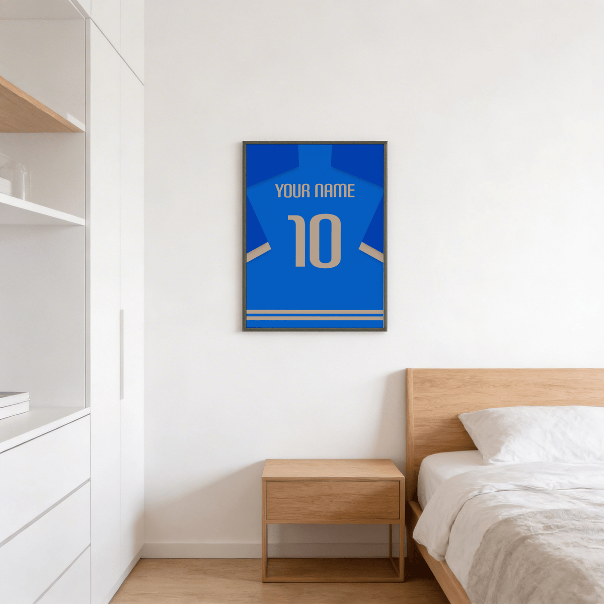 Football Shirt Poster in Blue with Beige Number above a wooden bedside table in a bedroom