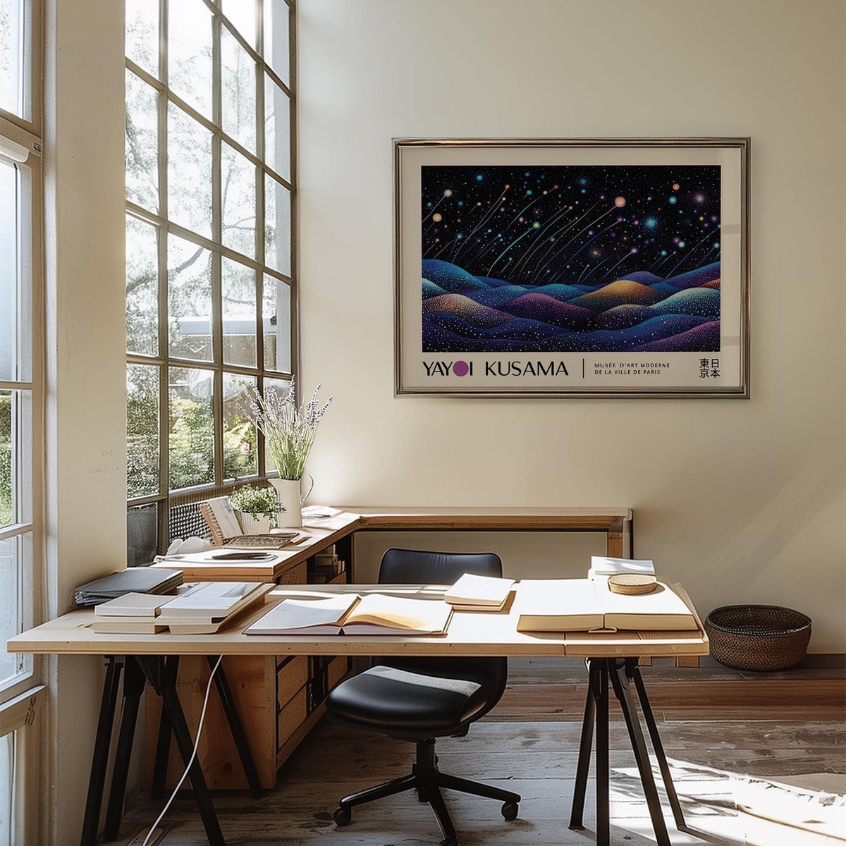 Landscape prints framed print of shooting stars over colourful hills in a bright office above a wooden desk