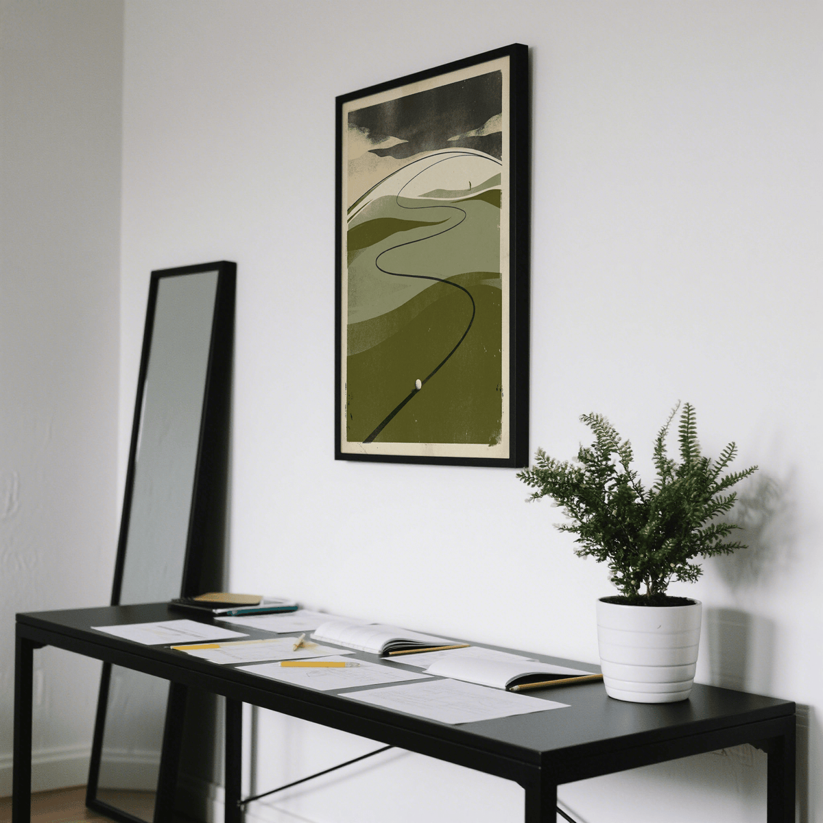 Golf Course Art Print minimalist retro design with green and cream tones above a desk with a plant