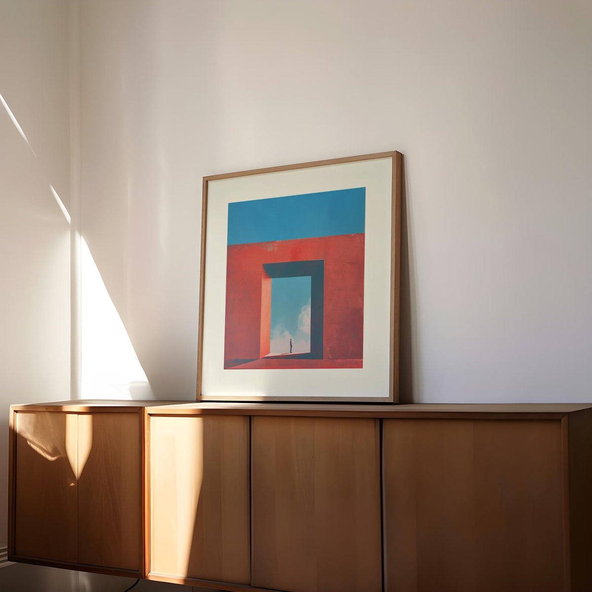 Abstract Surrealism Art framed print of a person in a geometric passage with blue and red tones leaning on a cabinet