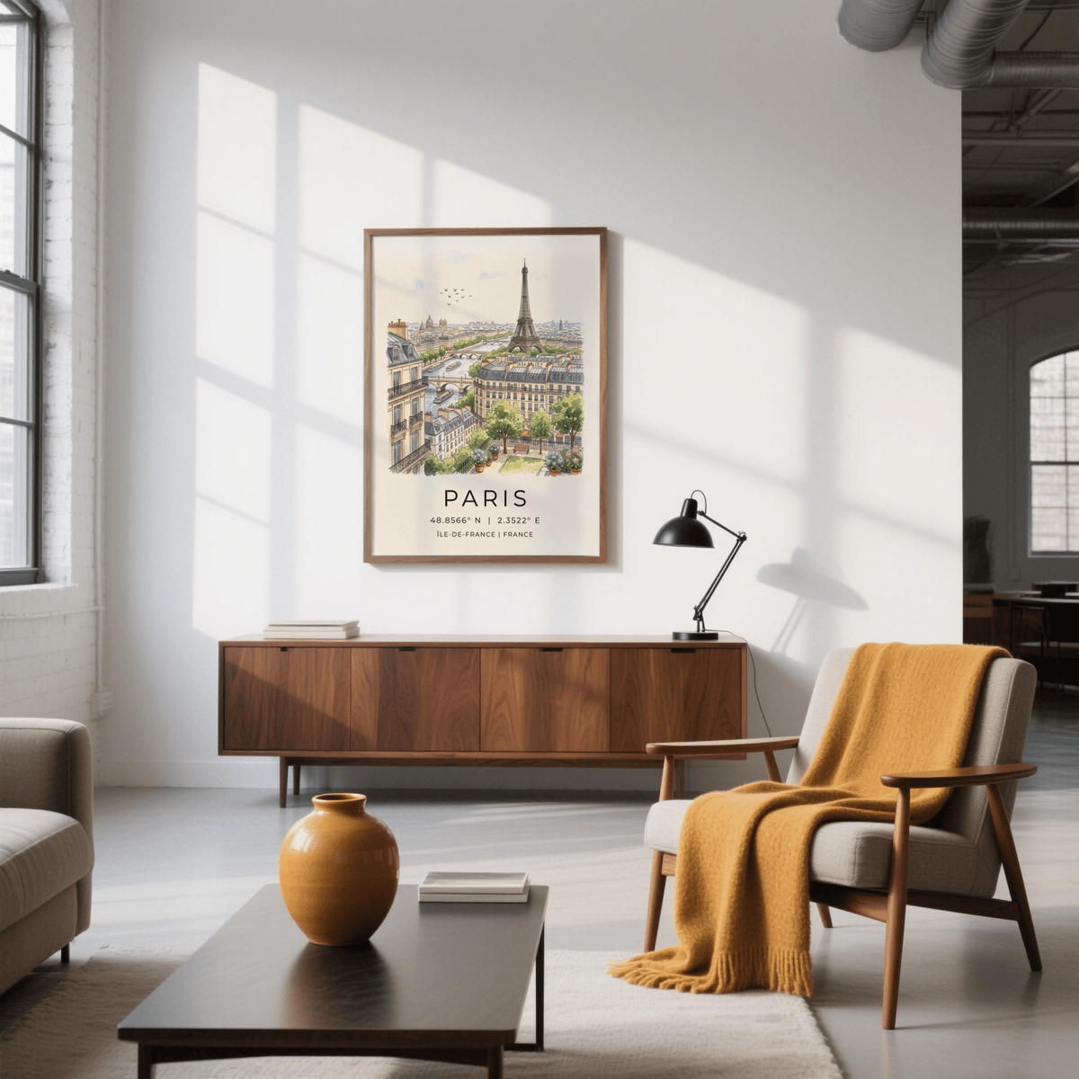 Paris Cityscape Art Print on wall showing Eiffel Tower illustration in warm watercolour tones in modern living room with orange throw