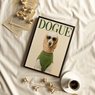 Framed Fashion Poodle wall art showing a dog with sunglasses and scarf on cream with green text beside dried flowers and coffee