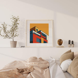 Art for the Office framed print of modernist building in red and ochre above a shelf with pots and glasses