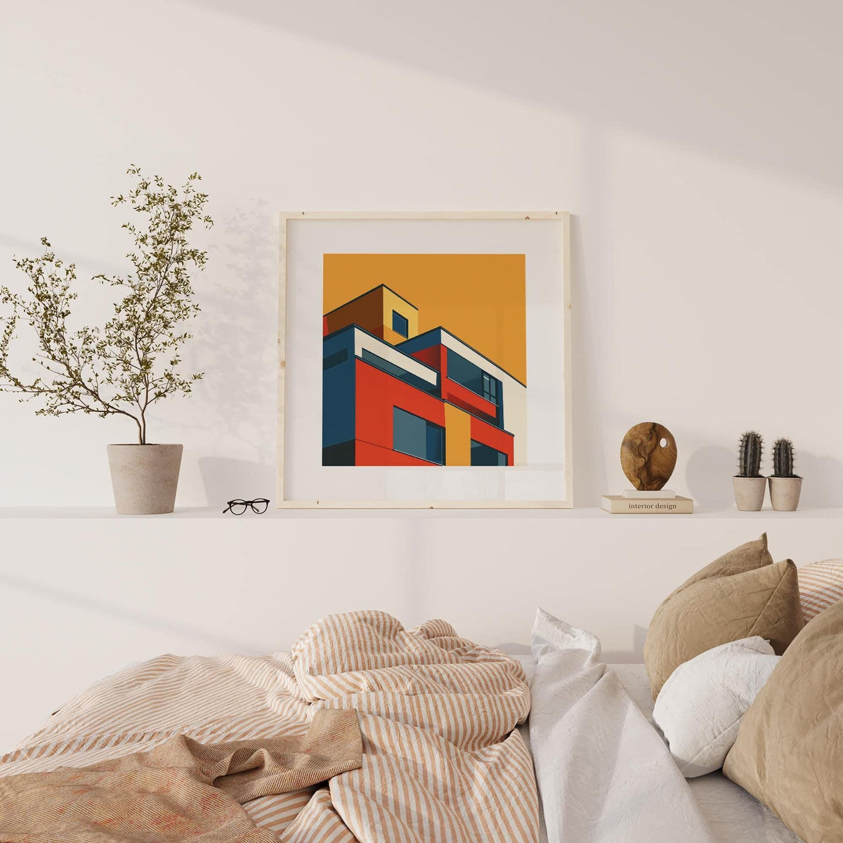 Art for the Office framed print of modernist building in red and ochre above a shelf with pots and glasses