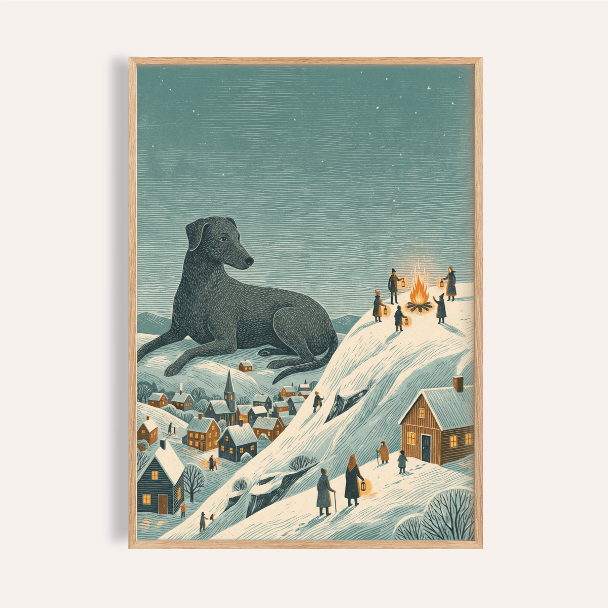 Winter landscape wall art with a large black dog figurine and people around a fire