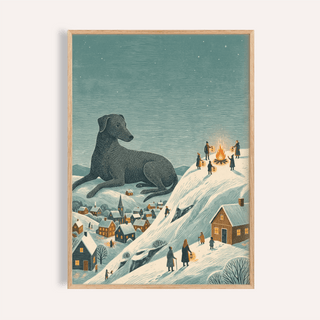 Winter landscape wall art with a large black dog figurine and people around a fire