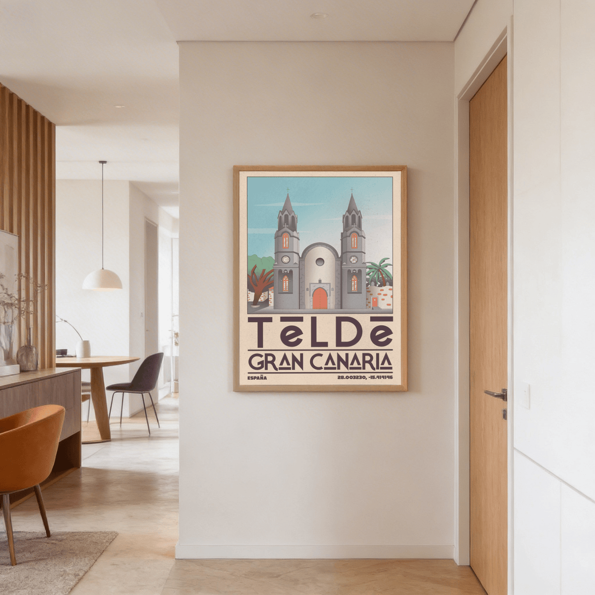 Telde Gran Canaria art print of cathedral facade with blue sky in a modern hallway with wooden door