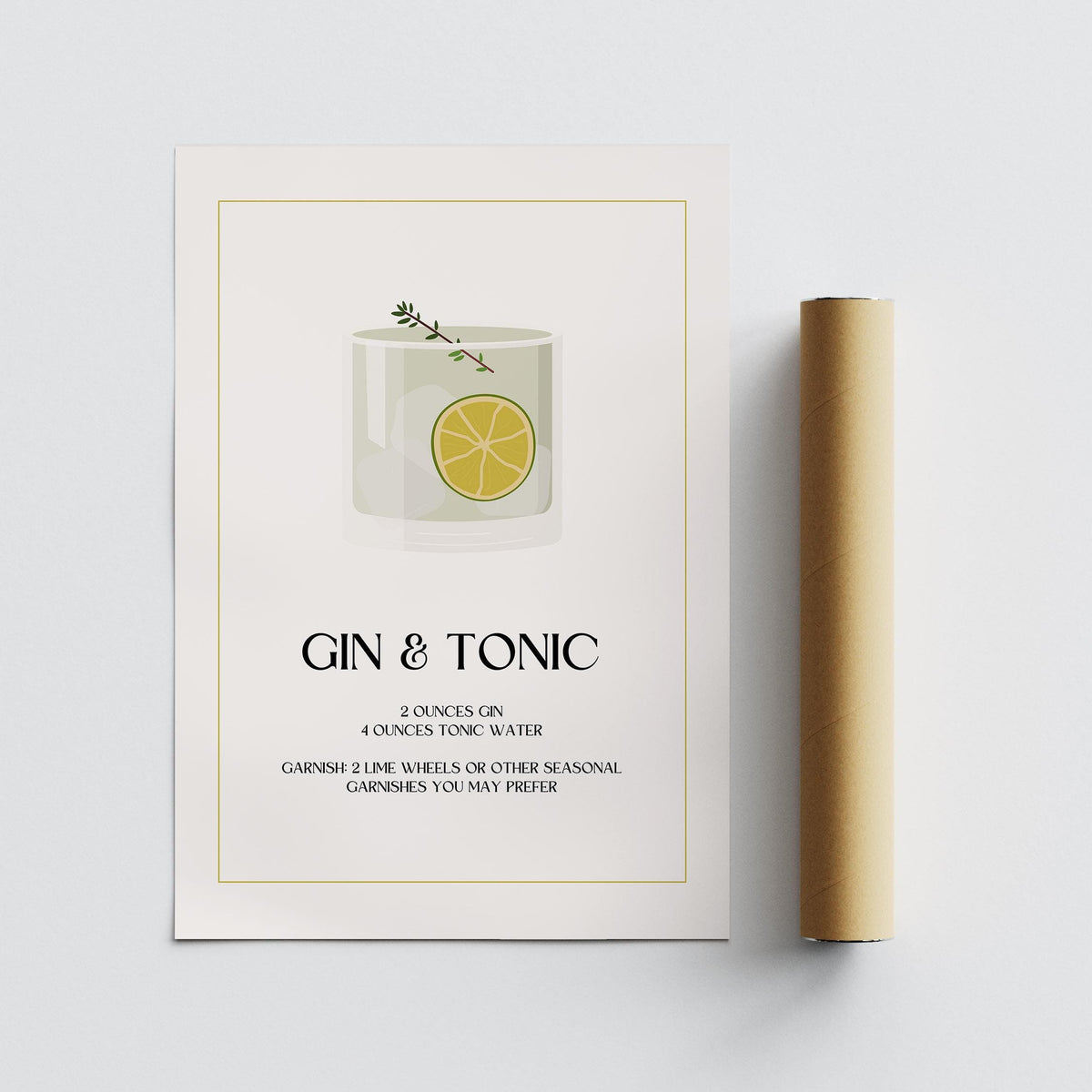 Minimalist gin and tonic wall art print with a lemon slice illustration and brown packaging tube